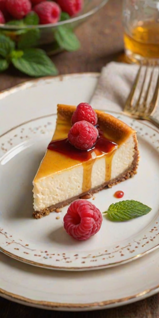 Generate an image of a slice of cheesecake displayed on a decorative plate. The cheesecake has a golden, caramelized top with a smooth, creamy texture. It is garnished with fresh raspberries and a small mint leaf. The background should be softly blurred to emphasize the dessert.