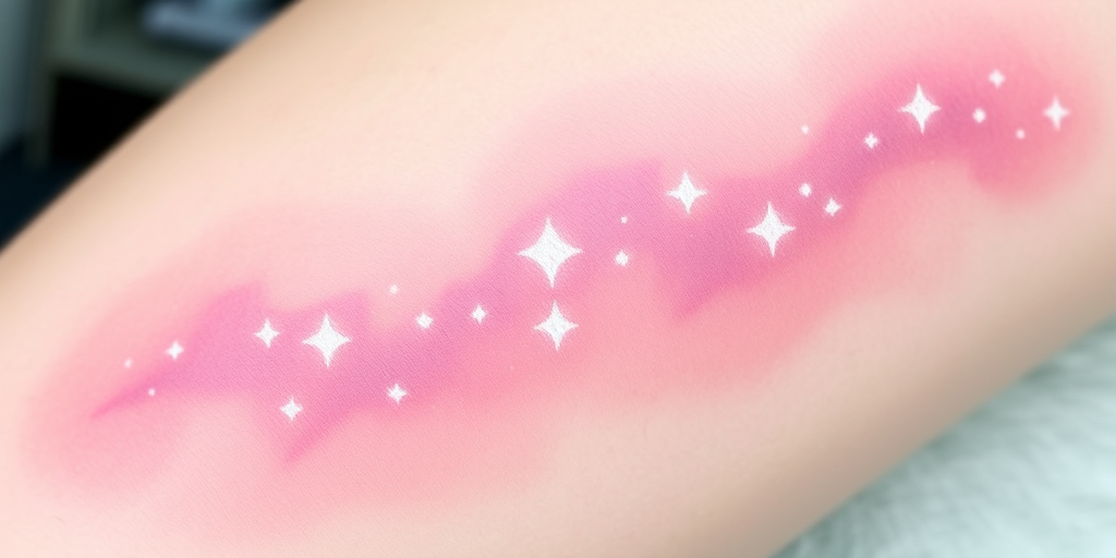 Ethereal pastel gradient tattoo named "Celestial Dreamscape" portraying a dreamy galaxy scene with soft pink, lavender, and mint green hues dotted with shimmering white ink stars