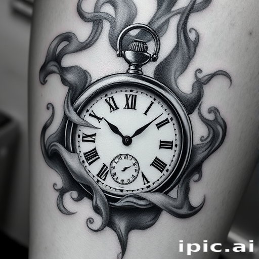 Realistic grayscale tattoo titled "Whispers of Time" depicting a hyper-detailed pocket watch surrounded by wispy smoke tendrils and floating clock hands, emphasizing depth and dimension through shading