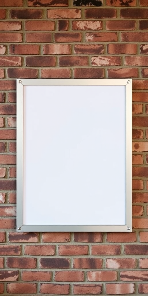 Create a high-resolution image of a blank notice board with a metallic frame mounted against a textured brick wall, using a DSLR camera with a 35mm lens, aperture set to f/4, ISO 100, and a soft diffused natural light.