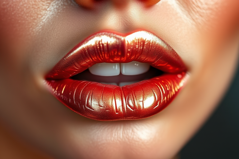 Shimmering rose gold lips with a metallic finish, catching the light and creating a mesmerizing holographic effect, perfect for glamorous occasions