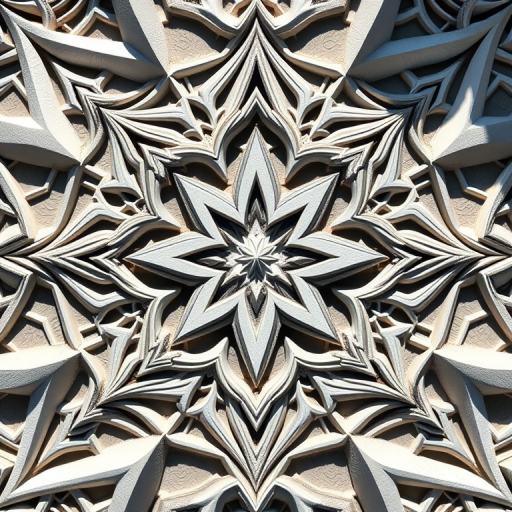 Create an abstract geometric design featuring intricate patterns and a monochromatic color scheme, captured with a Canon EOS R5, 50mm lens, f/1.8 aperture, ISO 100, in a close-up shot with natural light to enhance details and texture.