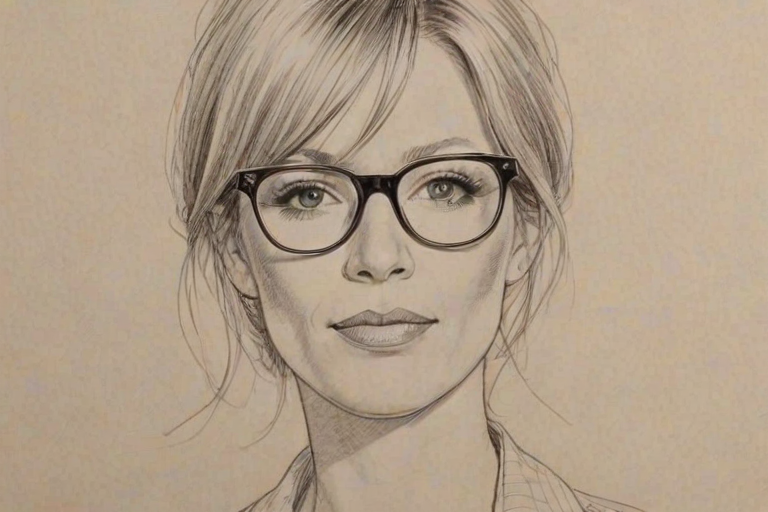 Captivating Meredith Monroe, pencil sketch, portrait of Superb woman 1967s in glasses, hair style beatnik, outline, clear lines, fine lines, 8k