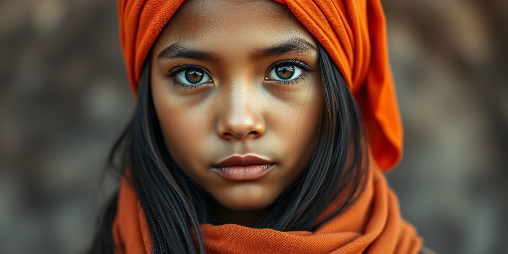 Create a portrait of a young Pacific Islander female with long, dark hair and captivating hazel eyes. She is wearing a orange headscarf and a matching scarf draped gracefully around her neck. The background is softly blurred, focusing attention on her serene and natural expression. The overall color palette is muted and warm, enhancing the intimate and authentic feel of the portrait.