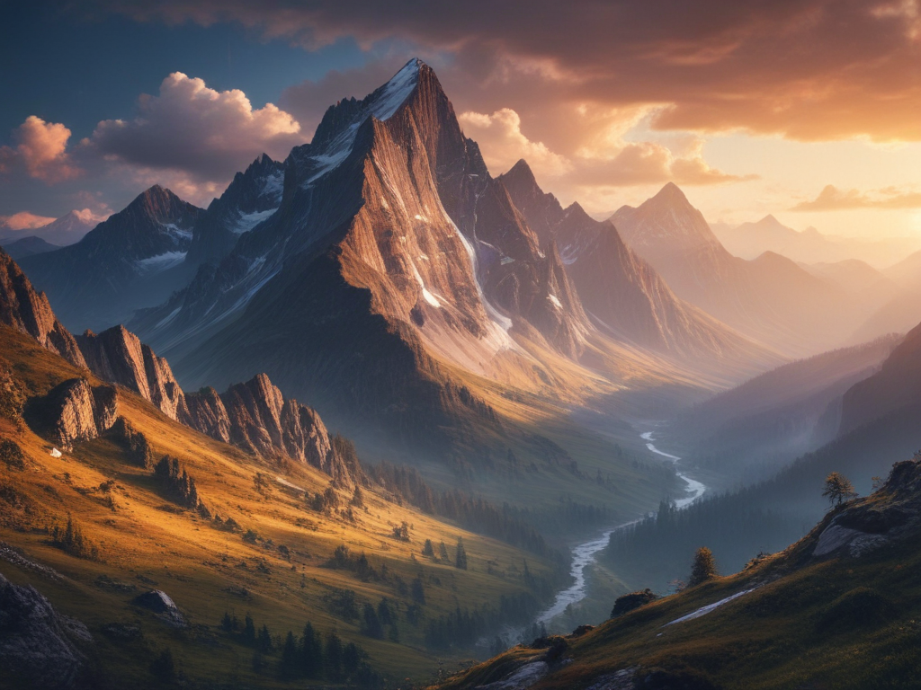 Majestic Mountain Landscape at Sunset with Lush Valleys and Flowing River