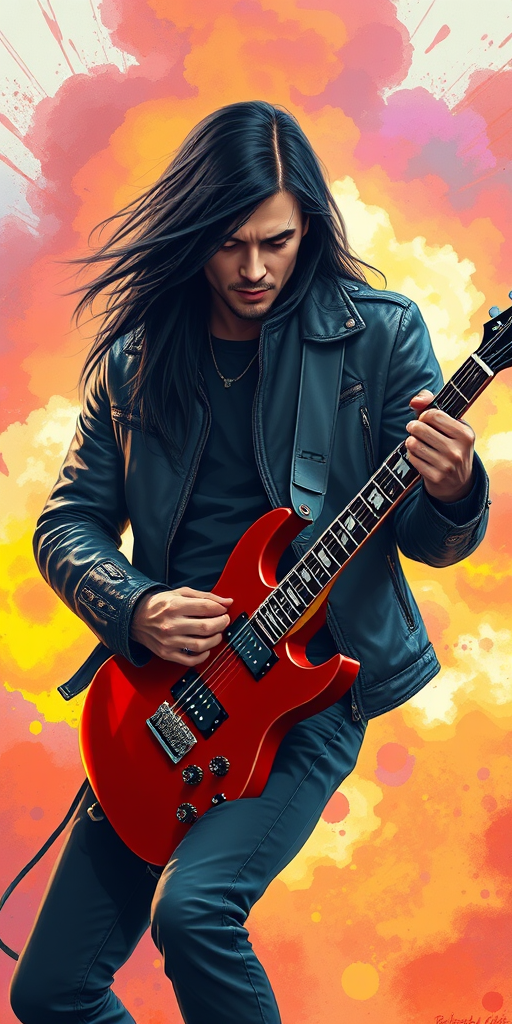 highly detailed illustration of a rock musician with long black hair wearing a leather jacket and playing a red electric guitar, dynamic pose against a vibrant explosion background, Canon EOS R5, 50mm f/1.2, ISO 200, aperture f/2.8, soft focus on background, vivid colors