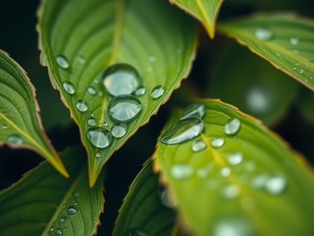 macro shot of green leaves with water droplets, taken with a Canon EOS R5, 100mm f/2.8 macro lens, aperture f/4, ISO 200, shutter speed 1/200s, natural light, focus on texture and details of leaves, high saturation and contrast.
