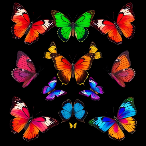 Create a vibrant, symmetrical pattern of colorful butterflies against a solid black background, using a Canon EOS R6 with a 50mm f/1.2 lens, aperture set to f/8, ISO 200, and 1/160s shutter speed for sharpness and vivid colors.