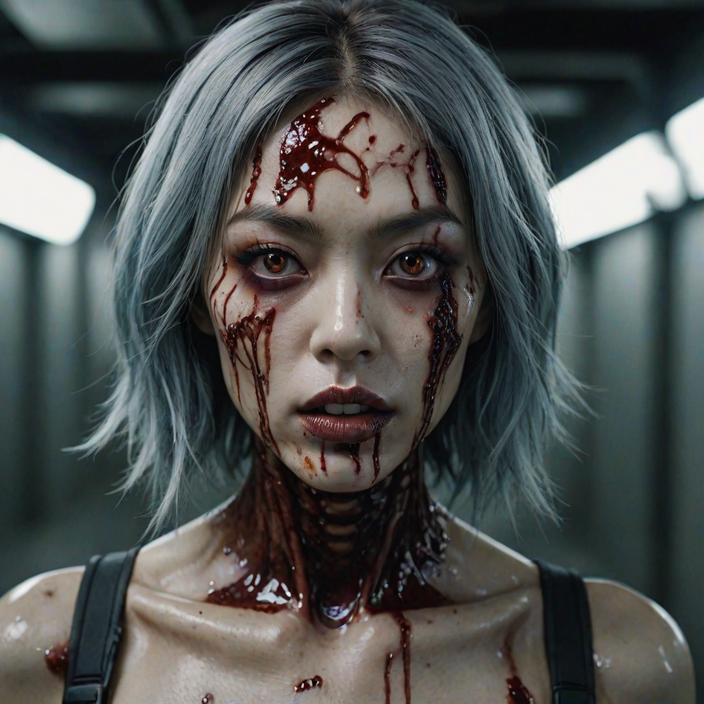 (perspective) of A creepy (ethnicity) zombie cyborg with (descriptive color) skin, (color) lipstick (color) liquid flowing from her eyes and mouth, (perspective two) portrait, (camera angle), extremely detailed, (art style) in the style of Yoshitaka Amano and Tetsuo Hara. --ar 85:128 --style raw --niji 6