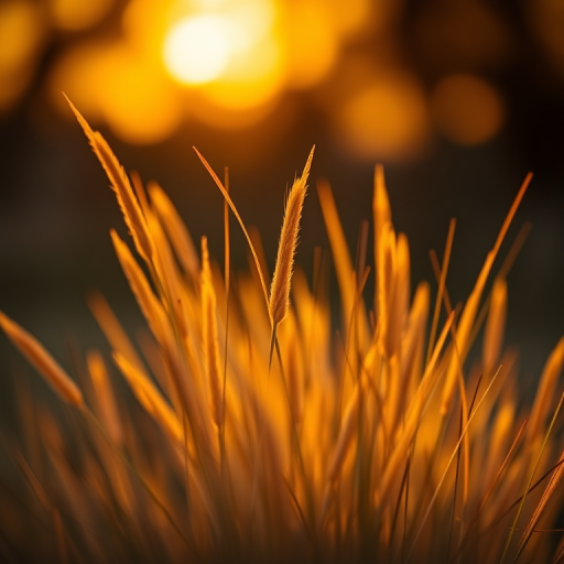 A close-up shot of golden grass during sunset, using a Canon EOS 5D Mark IV, aperture f/2.8, shutter speed 1/250s, ISO 100, soft focus background for enhanced depth, warm color tones to emphasize the sunlight filtering through the grass.