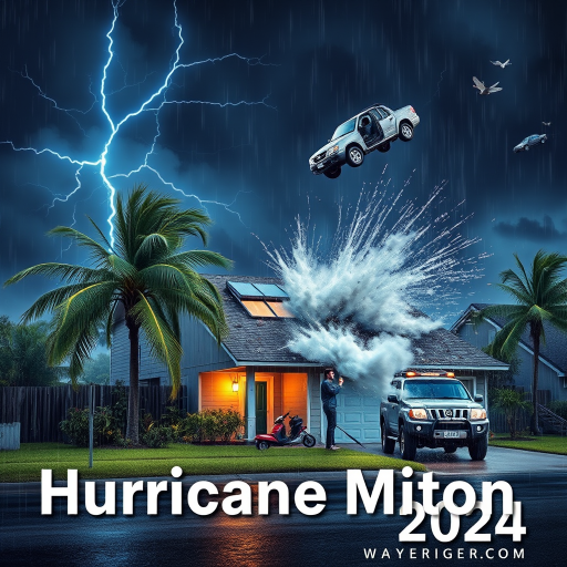 Hurricane Milton blows a roof off a home. Strong winds and rain blows sideways. Palm trees uprooted and bent over. Cars flying through the sky with debris. Sky is dark with thunder storms. Lightning strikes are fluorescent blue. Add text Hurricane Milton 2024