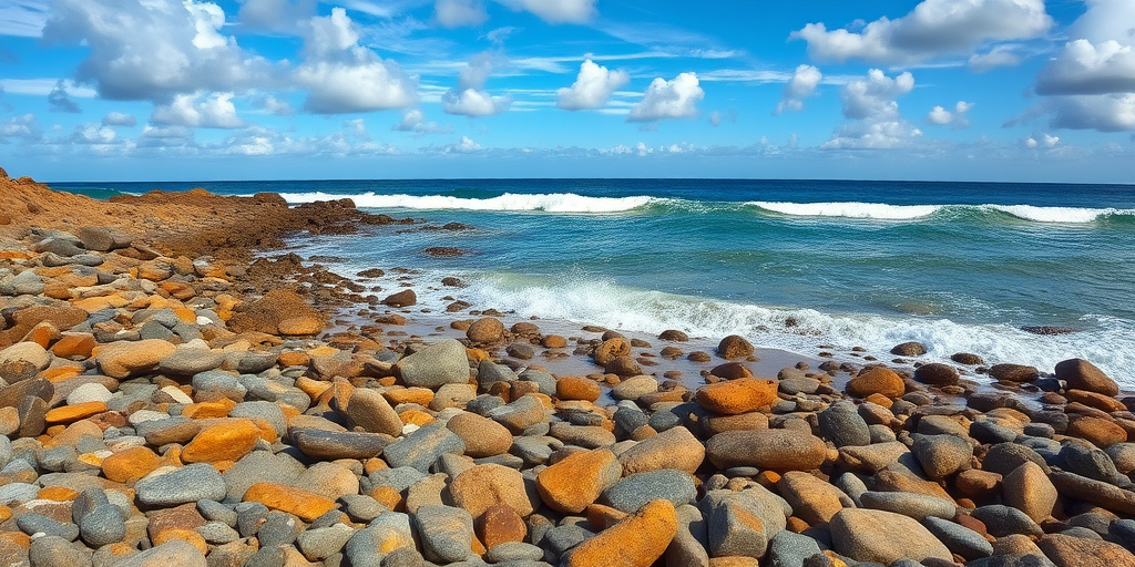 Generate a scenic beach landscape with a rocky shoreline, waves gently breaking over the stones, vibrant blue sky with scattered clouds, use a Canon EOS R5 at f/8, ISO 100, 1/200 sec, wide-angle lens, with HDR processing for enhanced detail and color saturation.