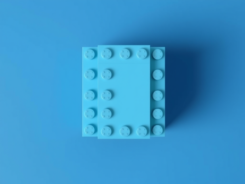 Create a high-resolution 3D rendering of a rectangular Lego block structure with varying shades of blue, shot with a Canon EOS R5 at f/8, 1/125s, ISO 100 from a top-down perspective using a macro lens for enhanced detail and clarity.