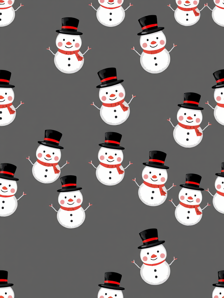 Create a seamless pattern of cheerful snowmen wearing black top hats on a dark gray background, high resolution, DSLR camera, 50mm lens, f/8 aperture, ISO 100, soft natural lighting.