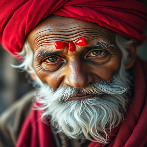 Create a highly detailed portrait of a sage with a red turban and white beard, using a DSLR camera with a 50mm lens, aperture set to f/1.8 for a shallow depth of field, ISO 100 for clarity, and a soft focus background to enhance the subject's features in vibrant colors and textures, shot in natural light.