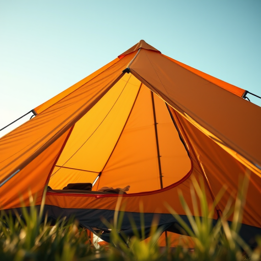 Regenerate the image of a camping tent with a detailed texture and shading, using a DSLR camera with a 50mm lens, f/2.8 aperture, ISO 200, shooting from a low angle to emphasize the tent's height and structure, in natural light for enhanced color vibrancy.