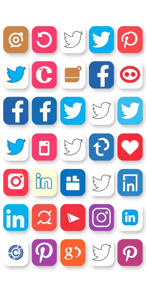 Create a high-resolution digital illustration of social media icons arranged in a grid layout with a modern, minimalist design, using a Canon EOS R with a 50mm lens at f/1.8, ISO 100, natural daylight, and a soft focus to enhance background clarity.