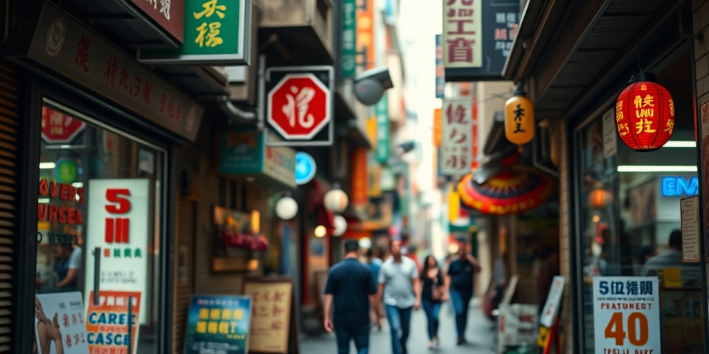 capture a vibrant street scene in a bustling alley with colorful signage and people walking, using a 50mm lens at f/2.8, ISO 200, 1/250s, shot from eye level with a shallow depth of field to enhance background bokeh, in a digital mirrorless camera style.