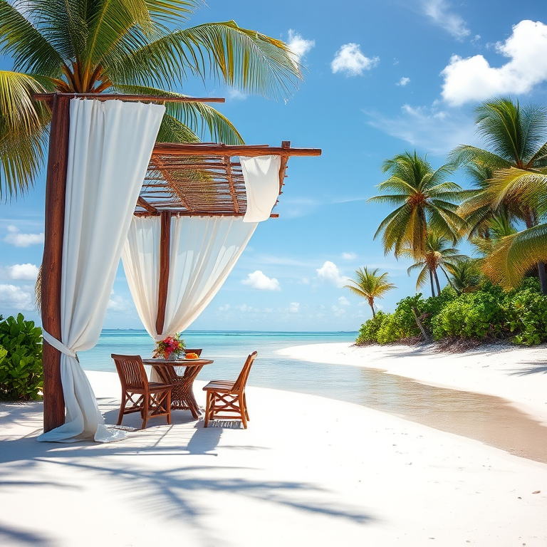 Create a picturesque tropical beach scene featuring a serene, white sandy shore. In the foreground, there's a rustic wooden canopy with white drapes gently flowing in the breeze. Underneath the canopy, a table is set with tropical decor, evoking a sense of relaxation and leisure. The beach extends into a calm, shallow water area with reflections of the sky and surroundings. Palm trees and lush greenery line the edge of the beach, providing a natural, tropical backdrop. The sky is clear with a few scattered clouds, and the overall atmosphere is tranquil and inviting, perfect for a peaceful retreat.