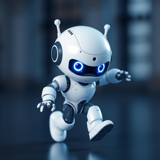 Create a 3D rendered image of a cute robot with a shiny white exterior and blue eyes, in a dynamic running pose, captured with a Canon EOS R5 at f/2.8, ISO 100, 1/250s, using a wide-angle lens and soft lighting for a vibrant, detailed look.