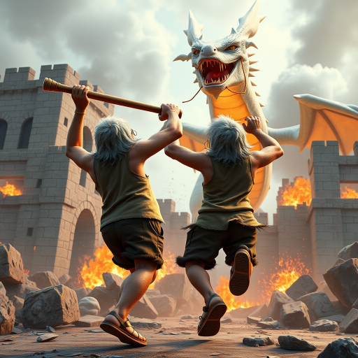 Cartoon 3D High-Resolution,dynamic battle scene using Unreal Engine 5 and Octane Render. The scene features back of an elderly, thai man with a beard,messy hair and round golden-rimmed glasses. He is wearing a tattered tank top with soot marks, shorts, and sandals. sweating. he wields a baseball bat. He jump to fight with a white fire-breathing Europe dragon amidst a partially destroyed stone castle. Include intense flames, smoke, and debris to enhance the dramatic effect.