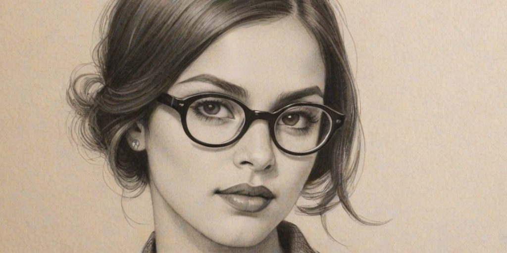 Enticing Melanie Chandra, pencil sketch, portrait of Alluring woman 1929s in glasses, hair style beatnik, outline, clear lines, fine lines, 8k
