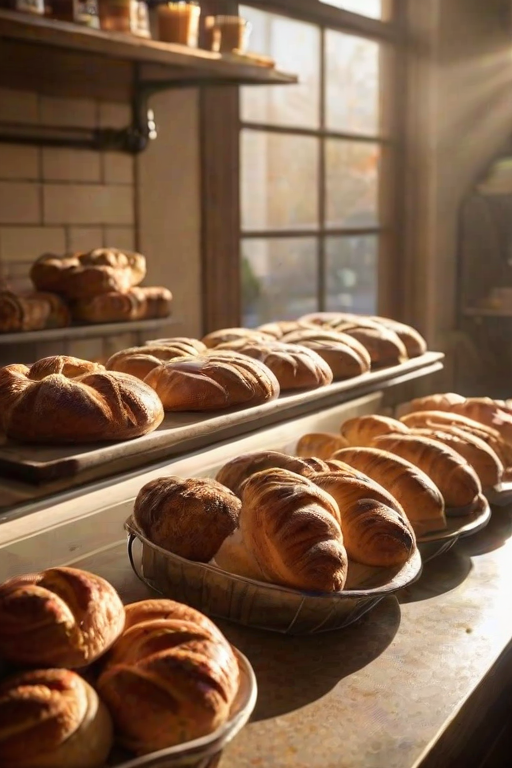 Warm, softly lit image of a bakery counter filled with freshly baked pastries, soft steam rising from a cup of coffee, sunlight streaming through the window, the smell of cinnamon and fresh bread filling the air.