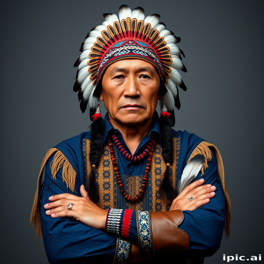 Create a dignified portrait of a Native American man dressed in traditional attire. He wears a beautifully crafted headdress adorned with white feathers and red beads, along with a beaded headband featuring intricate patterns. His clothing includes a deep blue, patterned shirt and a traditional chest piece with detailed beadwork. His arms are crossed, displaying leather armbands decorated with feathers. The background is simple and neutral, emphasizing his proud and stoic expression. The overall image captures the rich cultural heritage and strength of his persona.