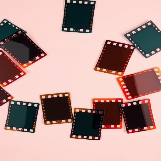 create an abstract background featuring colorful film frames scattered across the corners, soft pastel background color, shot with a DSLR camera, aperture f/4, ISO 100, 50mm lens, overhead view, soft focus effect for a dreamy look