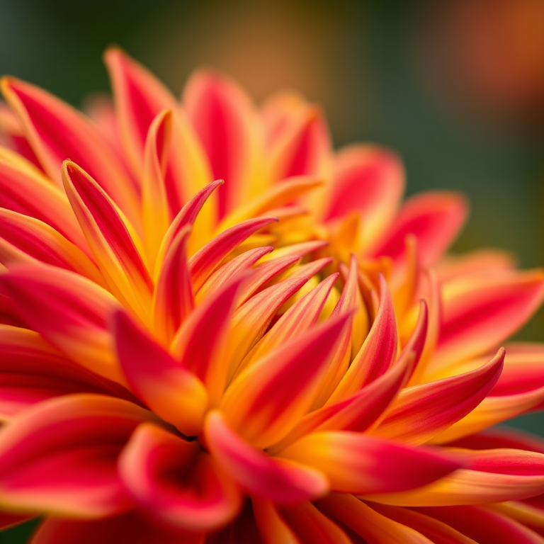 Close-up of a vibrant red and yellow dahlia flower in soft focus background, using a Canon EOS 5D Mark IV, 50mm lens, f/2.8 aperture, 1/200s shutter speed, natural lighting, shallow depth of field.