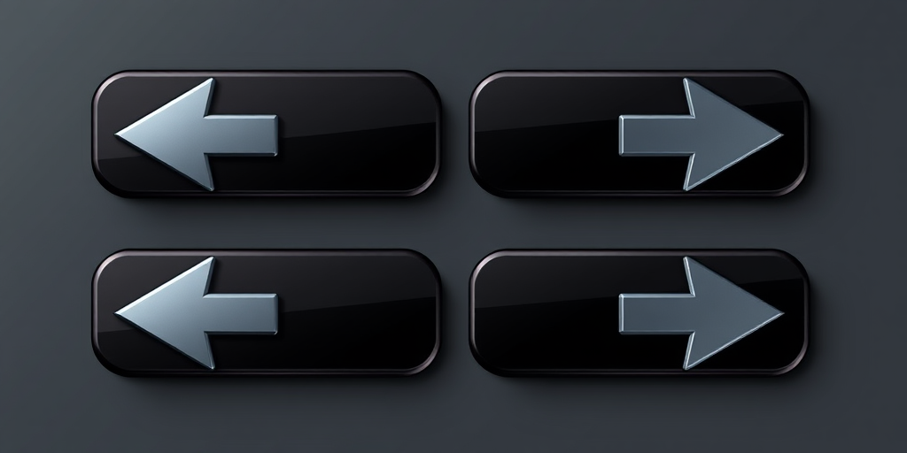 Create a high-resolution digital illustration of four arrow buttons (two left and two right arrows) in a sleek and modern design, with a glossy finish and subtle shadows, using a Canon EOS R5 camera with a 50mm f/1.2 lens, aperture set at f/2.8, ISO 100, and soft diffused lighting to enhance the image quality.
