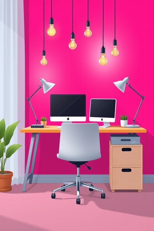create a digital illustration of a modern workspace featuring a desk with a computer, a stylish chair, and a floor lamp, set against a vibrant pink background with hanging lightbulbs, use a 50mm lens, f/1.8 aperture, ISO 100, and ensure a bright, well-lit composition with high clarity and minimal shadows