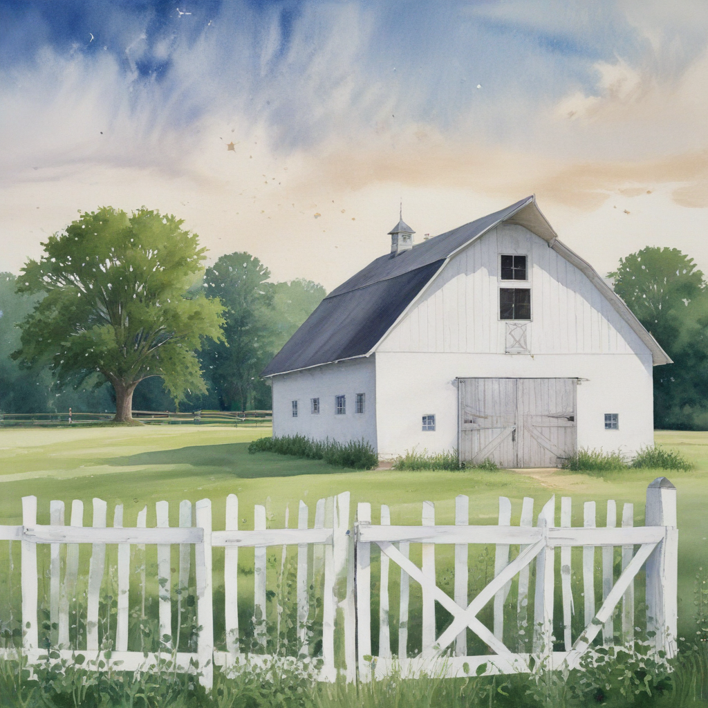 watercolor painting of a white barn with a star above the barn door. The barn sets in a field surrounded by clover.