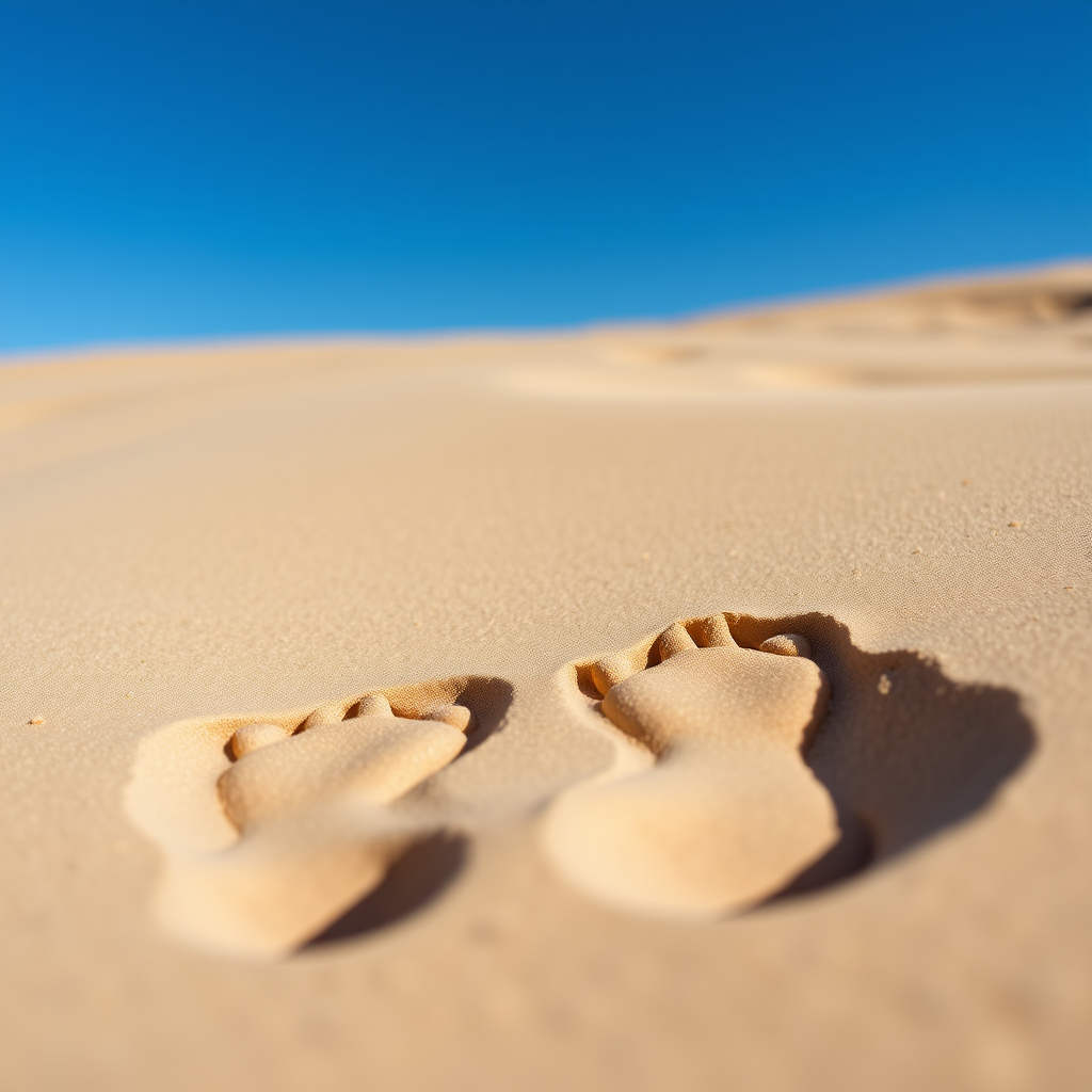 Create an image of two footprints in sand with a clear blue sky in the background, shot with a Canon EOS R5 at f/8, 1/250 sec, ISO 100, using a wide-angle lens from a low angle perspective to emphasize depth and enhance detail.