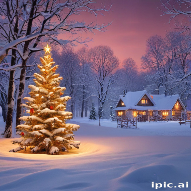 A Cozy Winter Evening Scene Featuring a Christmas Tree and Cottage.
