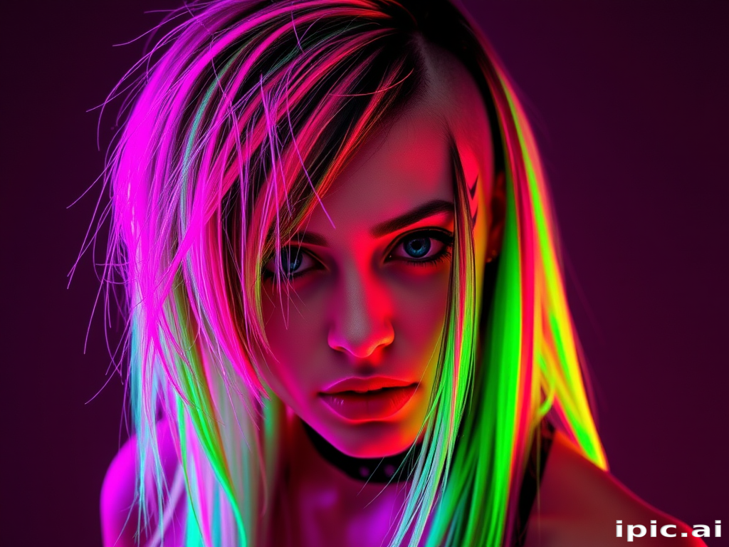 Edgy snapshot of a rocker with Neon Laser streaks, bright pink and green stripes in a long, straight cut with an asymmetrical side-shave