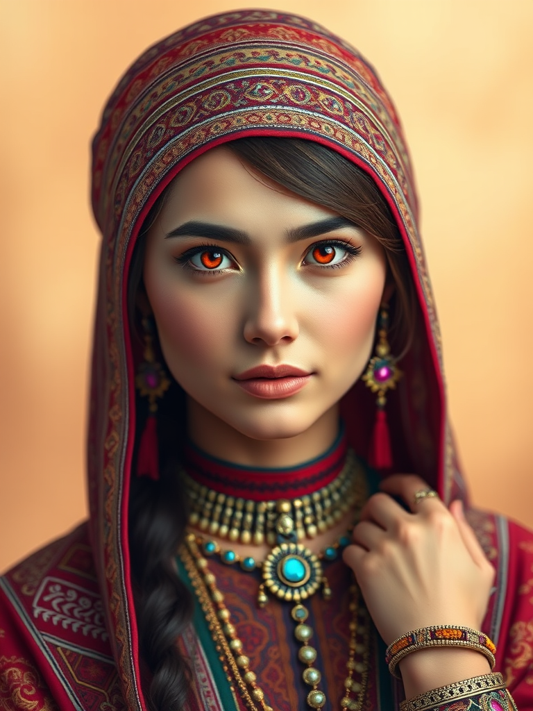 Create a portrait of a beautiful Kyrgyz woman with striking red eyes and a gentle expression. She is adorned in traditional attire with intricate patterns, including a richly embroidered headscarf and matching garments. Her jewelry includes a delicate headpiece, dangling earrings, and ornate bracelets, all featuring vibrant gemstones and detailed metalwork. The background is soft and warm, enhancing the rich colors of her outfit and jewelry.