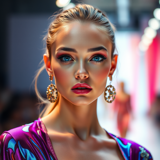 Runway capture, a beautiful model, vibrant colors, metallic textures, high fashion editorial , a 100mm macro lens to get extreme close-ups of intricate details like fabric stitching, accessories, or makeup artistry