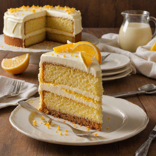 Create an image of a delicious cake with a smooth, creamy lemon topping and a golden brown crust. The cake should have a few slices cut out, revealing its layered texture, and be garnished with small pieces of orange zest on top. The background should be a soft, light color to emphasize the cake's vibrant appearance.