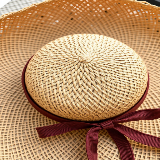 Create an image of a straw hat with a wide brim and a ribbon, captured from a slightly elevated angle using a DSLR camera at f/2.8, ISO 100, shutter speed 1/125s, with natural lighting and a shallow depth of field to enhance focus on the hat's texture and color.