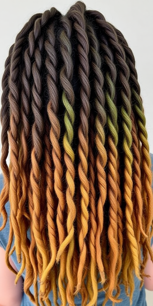 Earthy ombre dreadlocks, called "Forest Whispers," transition from deep brown roots to moss green tips, showcasing natural textures and organic beauty