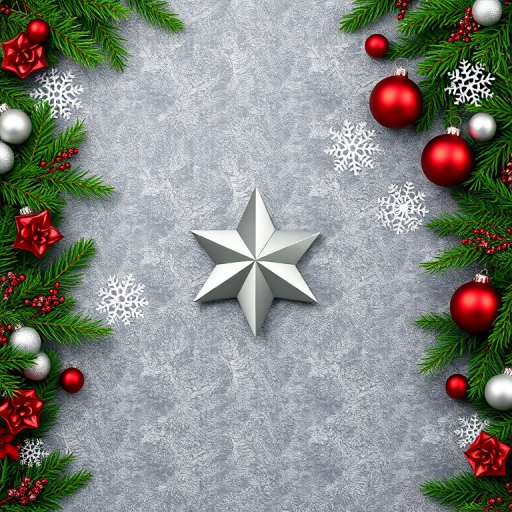 Create an image of a festive Christmas scene featuring a border of evergreen branches adorned with red and silver ornaments, along with white snowflakes. In the center, place a large silver star on a textured gray background.