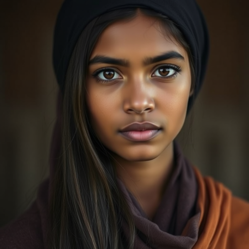 Create a portrait of a young Sri Lankan woman with long, dark hair and captivating hazel eyes. She is wearing a dark headscarf and a matching scarf draped gracefully around her neck. The background is softly blurred, focusing attention on her serene and natural expression. The overall color palette is muted and warm, enhancing the intimate and authentic feel of the portrait.