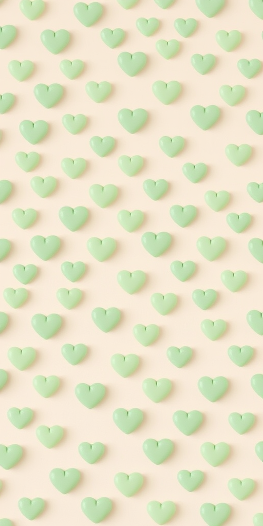 Create a seamless background pattern of small light green hearts on a soft cream background, using a 50mm lens, f/8 aperture, ISO 200, with a soft focus effect to enhance the delicate texture.