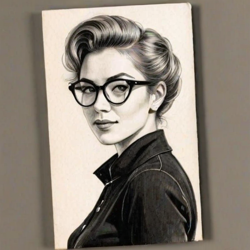 Attractive Sabrina Sato, pencil sketch, portrait of Fetching woman 1948s in glasses, hair style beatnik, outline, clear lines, fine lines, 8k