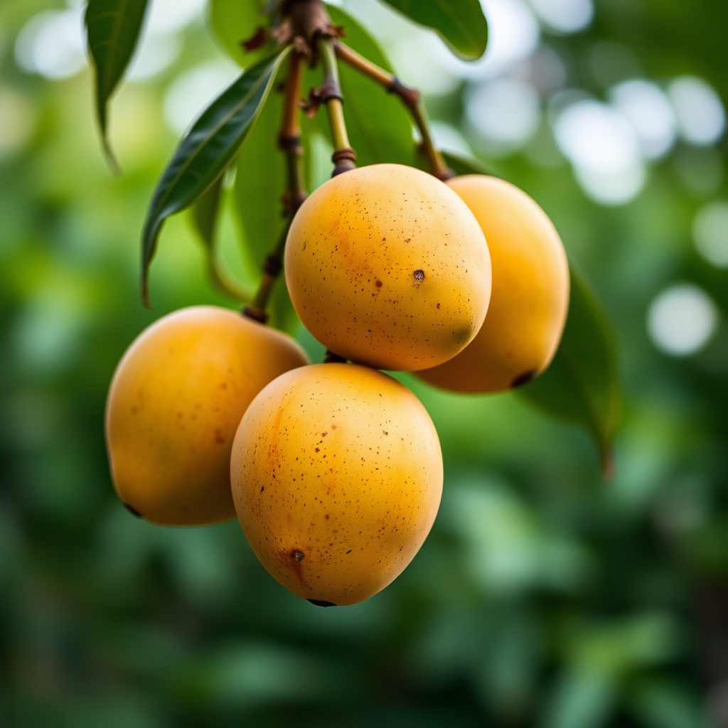 mangoes hanging on a branch with a blurred green background, macro lens, aperture f/2.8, shutter speed 1/200s, ISO 100, taken with a DSLR camera, soft natural lighting