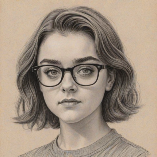 Delightful Maisie Williams, pencil sketch, portrait of Dazzling woman 1958s in glasses, hair style beatnik, outline, clear lines, fine lines, 8k
