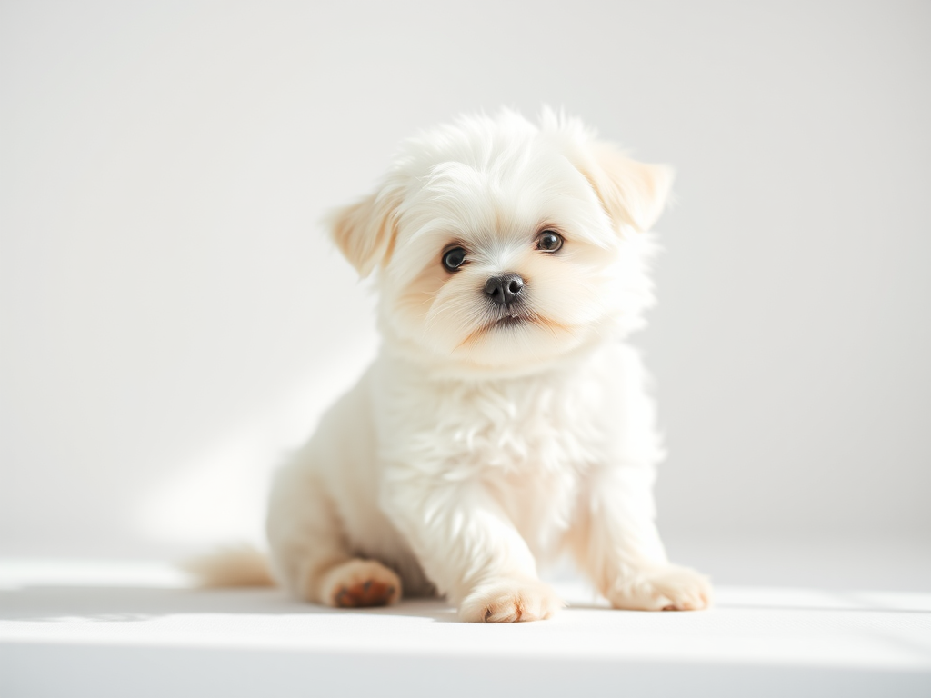 Capture a close-up of a small white fluffy dog sitting on a bright white background with soft natural lighting, using a DSLR camera with a 50mm lens, aperture at f/1.8, ISO 200, and a shallow depth of field to create a soft bokeh effect.