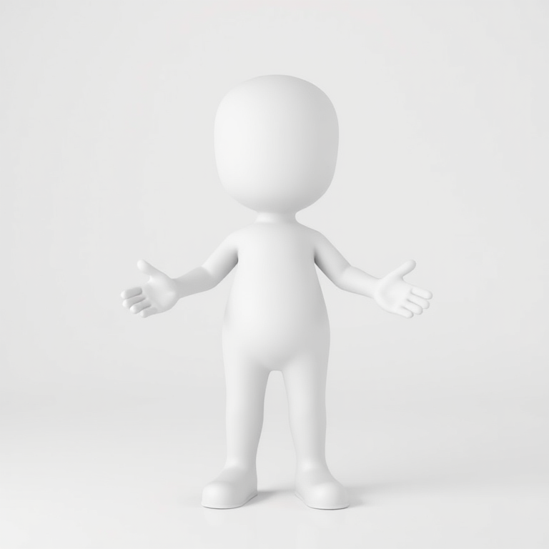 Generate a 3D character model of a stylized, simplistic humanoid figure with a smooth white finish, arms outstretched in a welcoming pose, captured in a clean studio setting with soft diffused lighting, using a DSLR camera with an aperture of f/2.8, focal length of 50mm, ISO 200, and a slight vignette effect for enhanced depth.