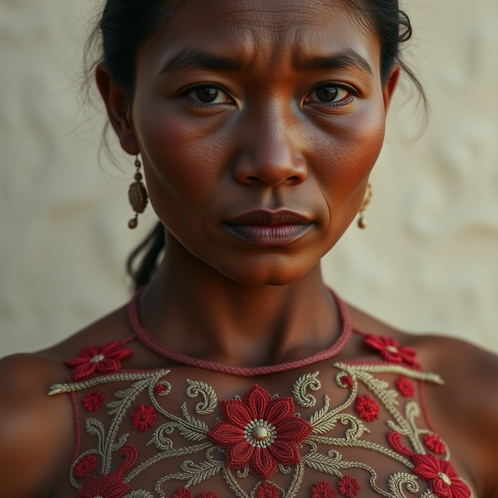 Face, shoulders, chest covered in openwork Maya embroidery. Raw, unedited image.